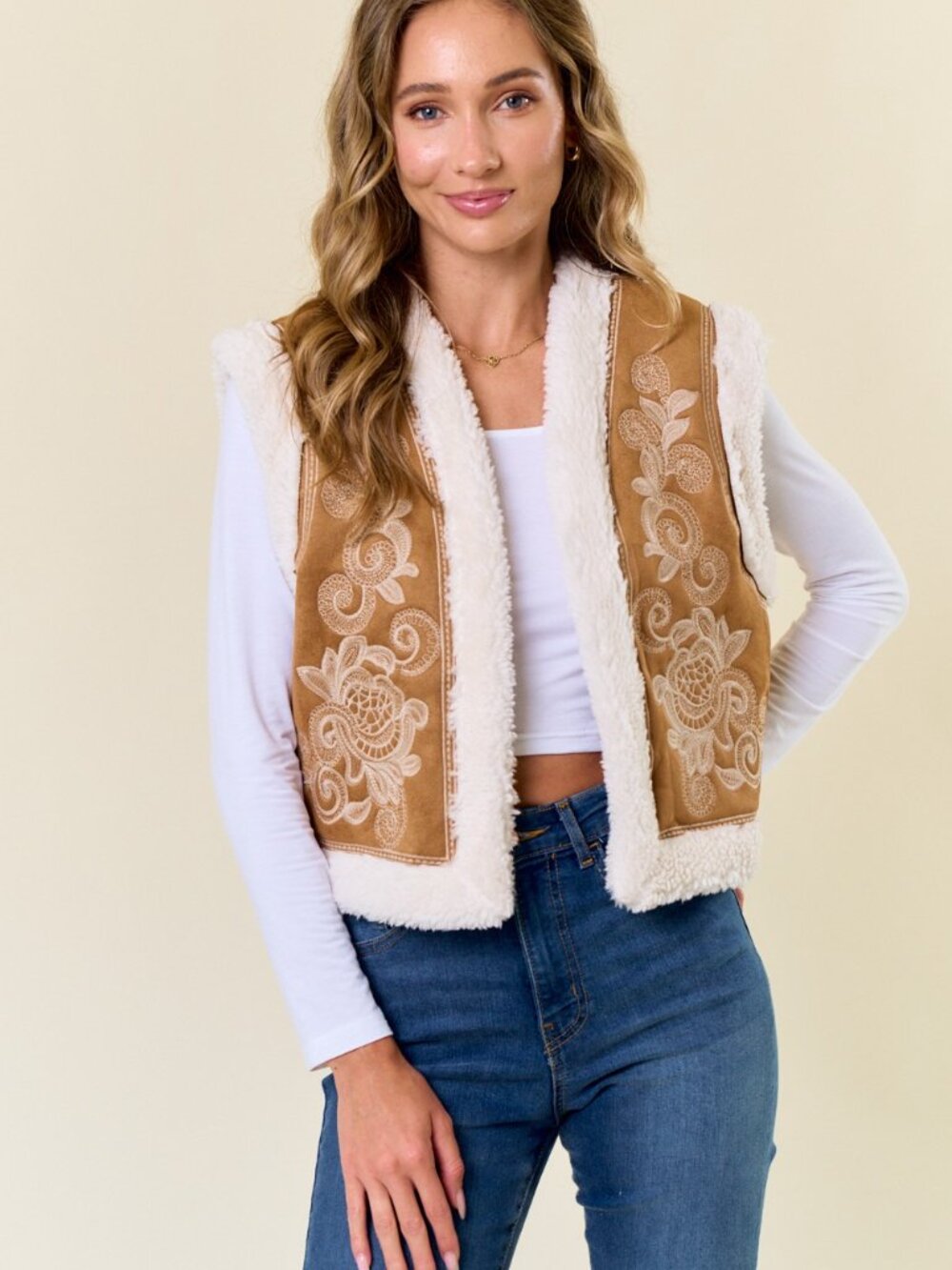NEW SHERPA LINED CAMEL VEST jacket SM-LG unique embroidered rare western BOHO